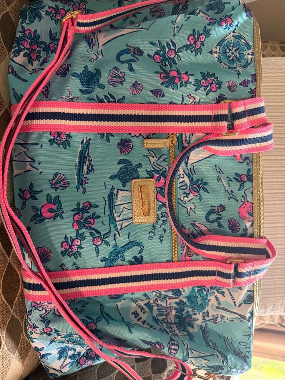 Lilly Pulitzer Aqua Floral & Sea Print Tote with Pink and Navy Straps